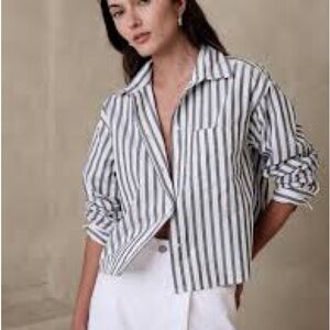 Banana Republic Cropped Button Shirt Green Cabana Stripe Modern Boxy